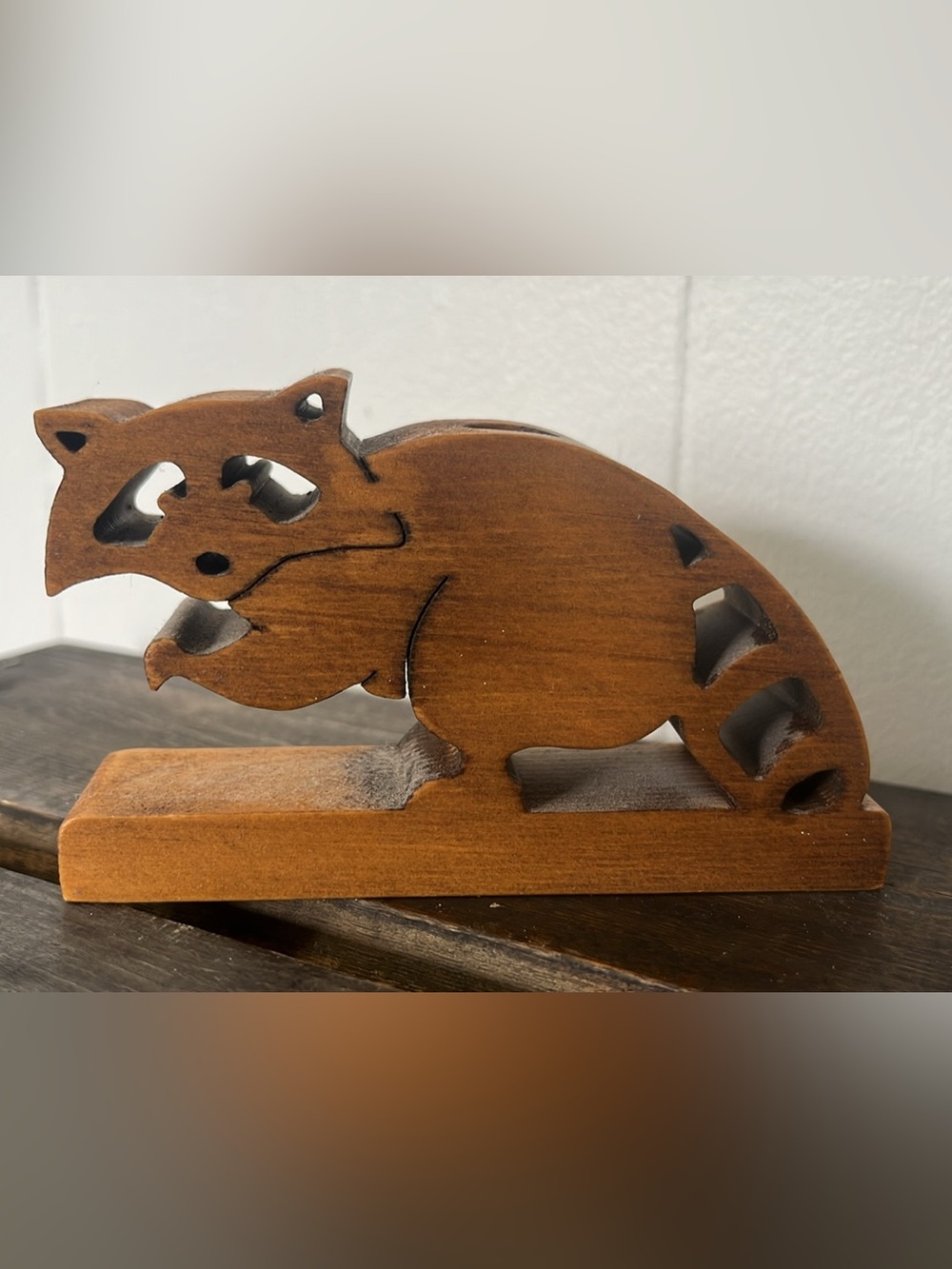 Hand-Carved Wooden Racoon Pen Holder